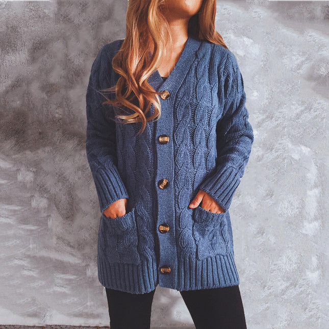 Single-breasted Coarse Twist Pocket Long-sleeved Knitted Sweater