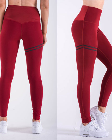 High waist solid color cross-border striped stretch yoga pants fitness bottoming nine points trousers