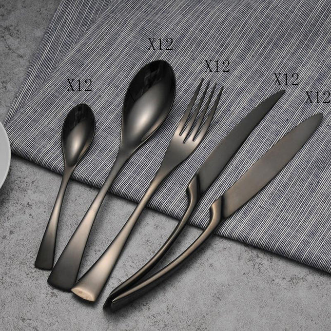 24 PCS Set Black Stainless Steel Cutlery Korean Dinnerware Set Gifts Mirror Polishing Silverware Sets Scoop Knife and Fork Sets