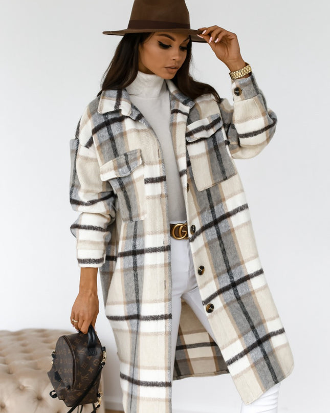 Button Lapel Casual Warm Plaid Long Woolen Coat