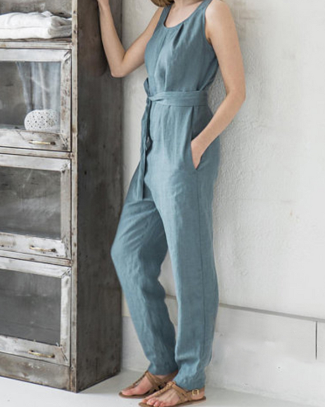 Sleeveless vest elegant high waist belt cotton casual jumpsuit trousers