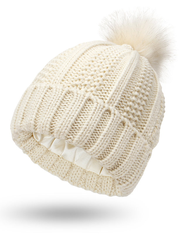 Fashion Stretchy Satin Lined Skull Knit Hats Beanie Hat For Women Faux Fur Pom Pom Hat Winter Keep Warming Beanie Hat