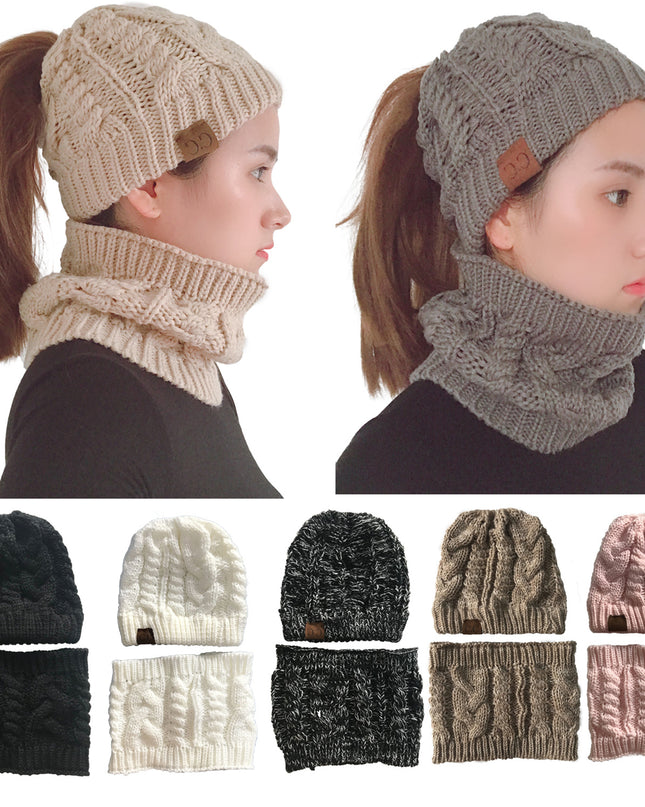 Autumn Winter Women's Hat Caps Knitted Warm ring Scarf Windproof Balaclava Multi Functional CC ponytail Hats Scarf Set For Women