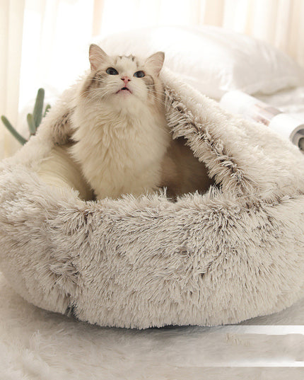 Pet Bed Round Plush Warm Bed House Soft Long Plush Bed  2 In 1 Bed
