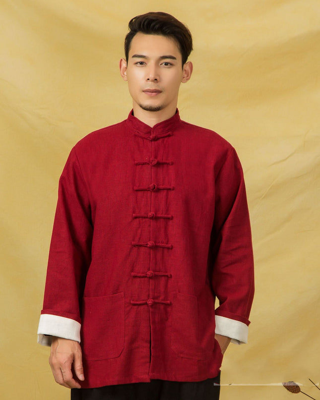 Chinese style cotton and linen buckle long sleeve shirt