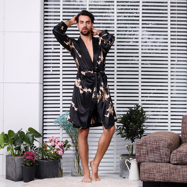 Men's simulation silk long sleeve nightgown