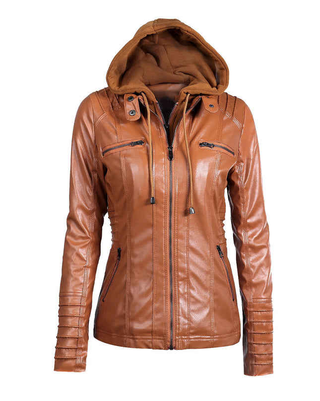 Detachable hooded lapel zipper long-sleeved solid color women's leather