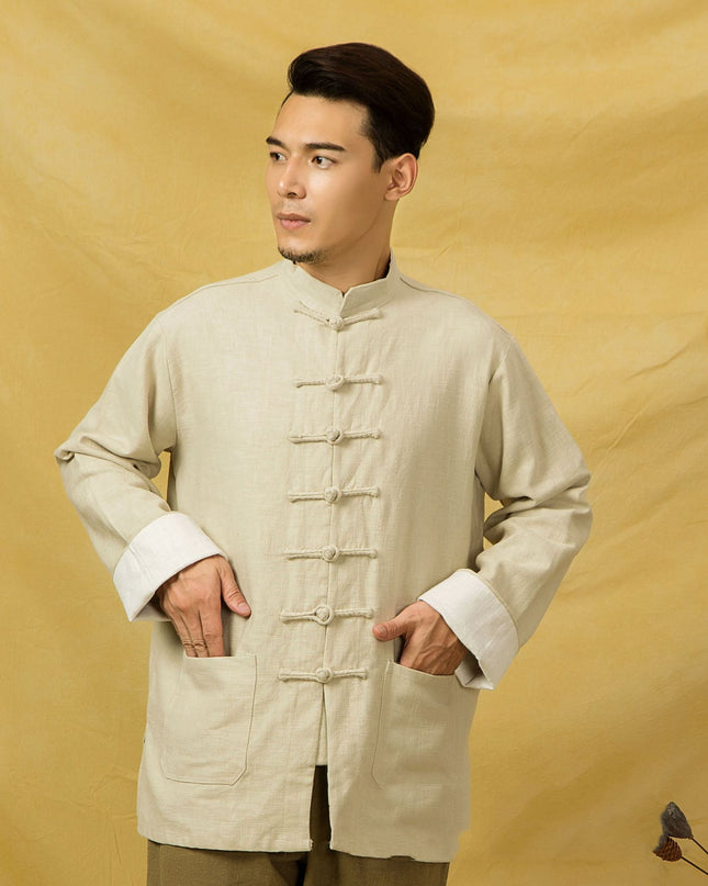 Chinese style cotton and linen buckle long sleeve shirt