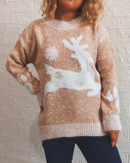 New Fawn Snowflake Round Neck Knitted Pullover