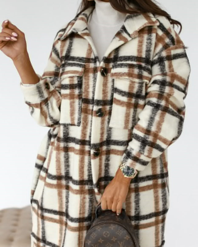 Button Lapel Casual Warm Plaid Long Woolen Coat