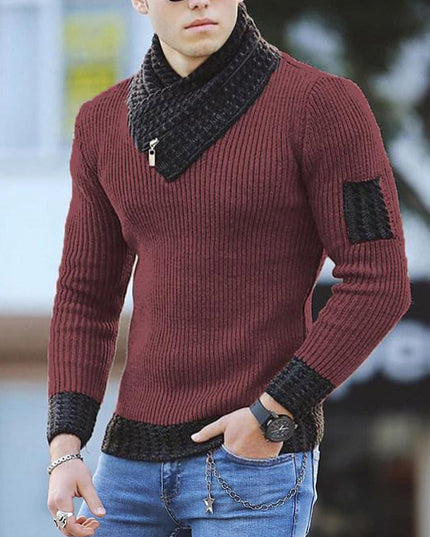 Casual Slim Knit Pullover Long Sleeve Scarf Collar Sweater Men's