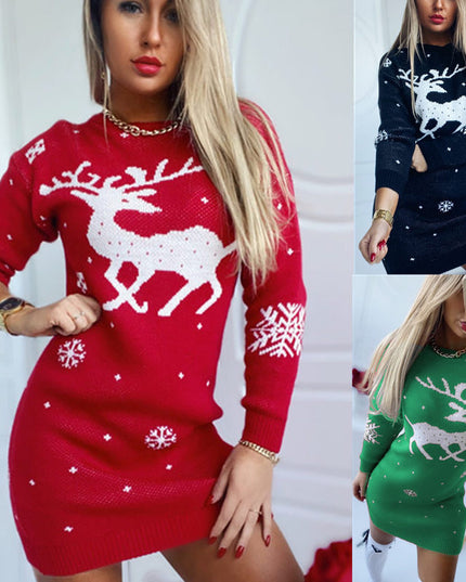 Christmas Elk Jacquard Knit Long Sleeve Dress