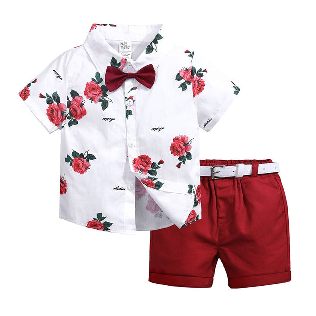 2pcs Summer Baby Set Flower Short Sleeve Polo Shirt With Red Shorts Shorts School Clothes For Children  China