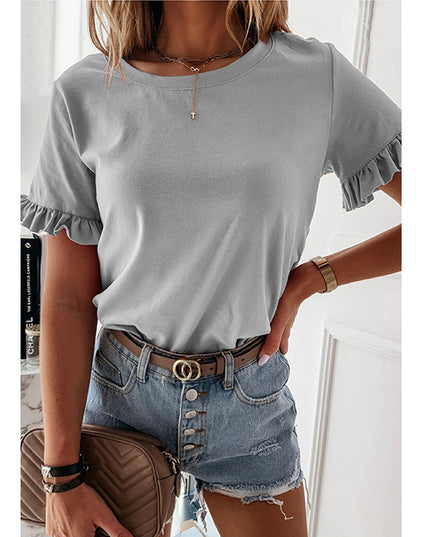 Solid Color Ruffled Round Neck Short Sleeves