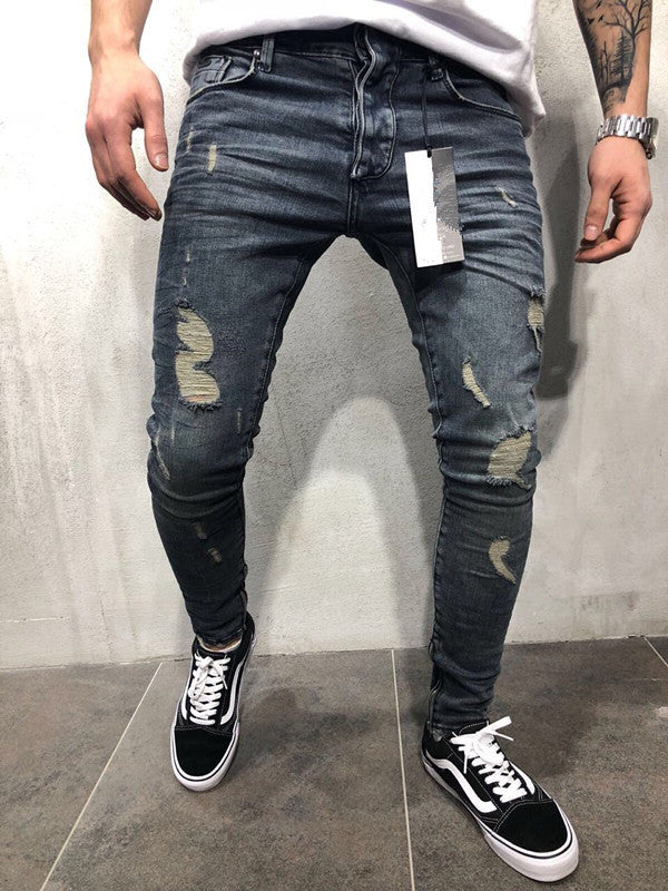 Customized models Europe and the United States high street tide men's hole jeans stretch large size pants slim pants Biker jeans