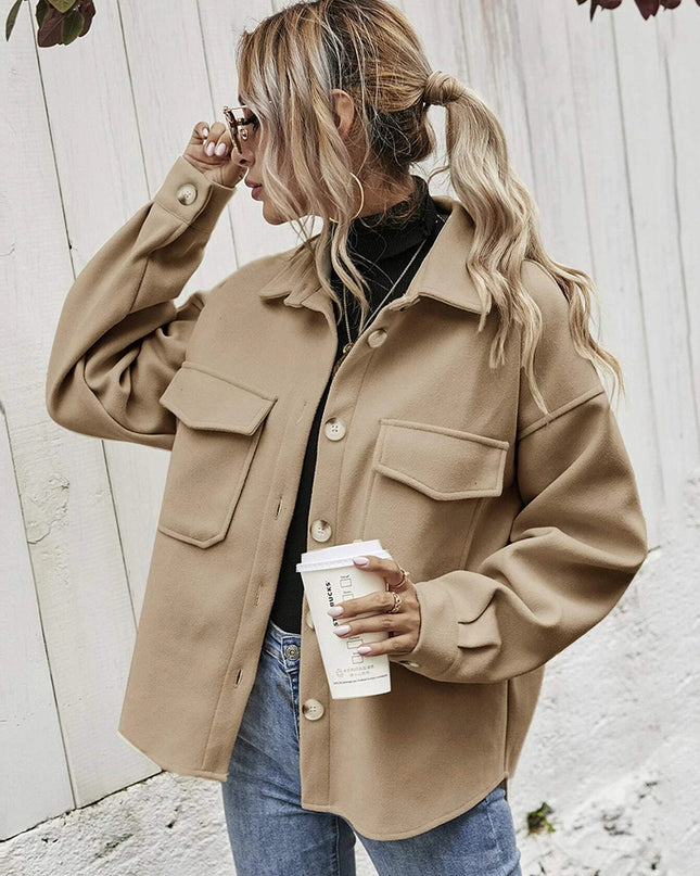 Solid Color Single-Breasted Woolen Coat Casual Lapel Loose Top
