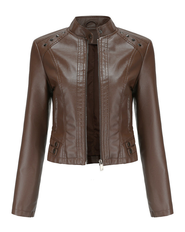 Studded Leather Women Short Jacket Long Sleeves