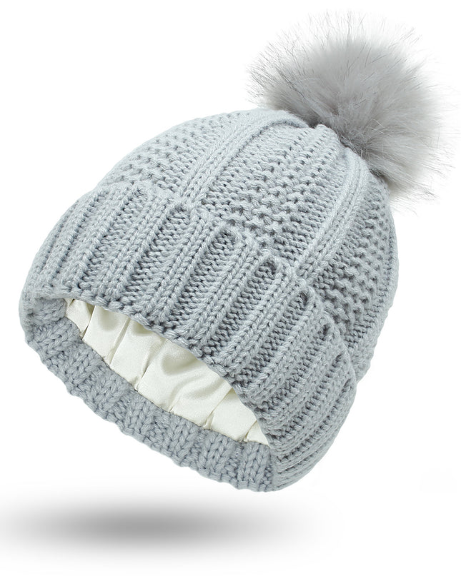 Fashion Stretchy Satin Lined Skull Knit Hats Beanie Hat For Women Faux Fur Pom Pom Hat Winter Keep Warming Beanie Hat