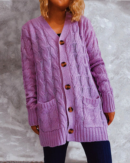 Single-breasted Coarse Twist Pocket Long-sleeved Knitted Sweater