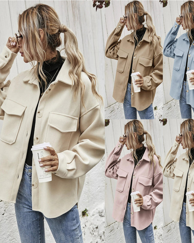 Solid Color Single-Breasted Woolen Coat Casual Lapel Loose Top