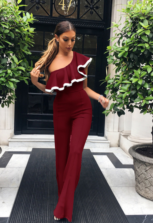 Women's new sexy jumpsuit ruffled color matching one-piece wide-leg pants