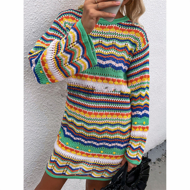Women's Knitted Sweater Women's Rainbow Stripe Pullover Mid Length
