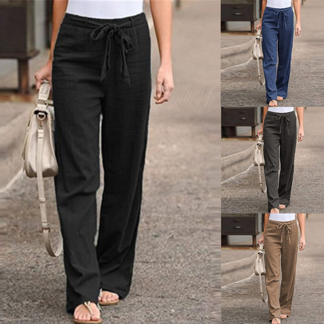 Elastic Waist Solid Color Cotton And Linen Wide-leg Pants Loose Trousers