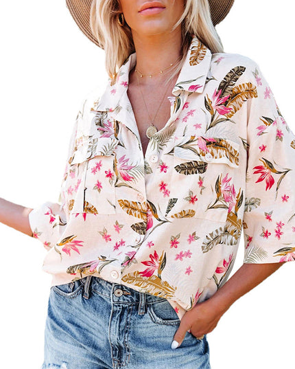 Single-Breasted Casual Loose Shirt With Printed Lapel Sleeve Pockets