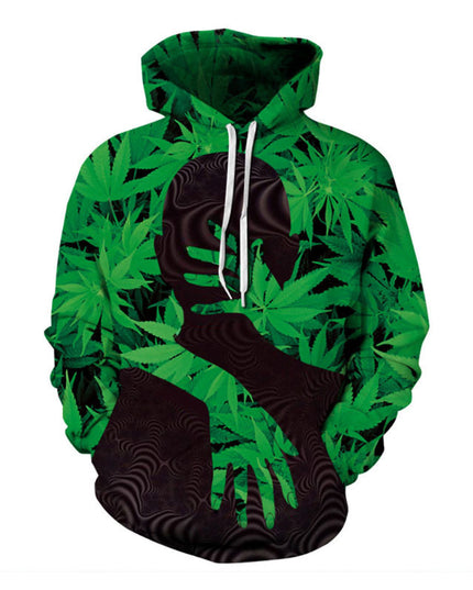 Men Fashion Green Big Leaf Hoodie