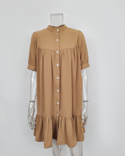 Long-Sleeved Single-Breasted Ruffle Dress