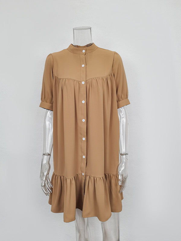 Long-Sleeved Single-Breasted Ruffle Dress
