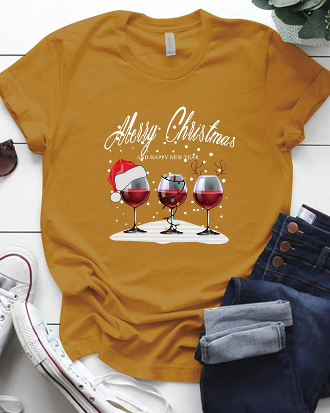 Christmas Three Wine Glasses Print Short Sleeve