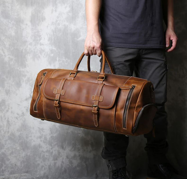 Retro Crazy Horse Leather Men's Travel Bag - Fast 7 Days Delivery for COLOR BROWN 22/28/30 Inches