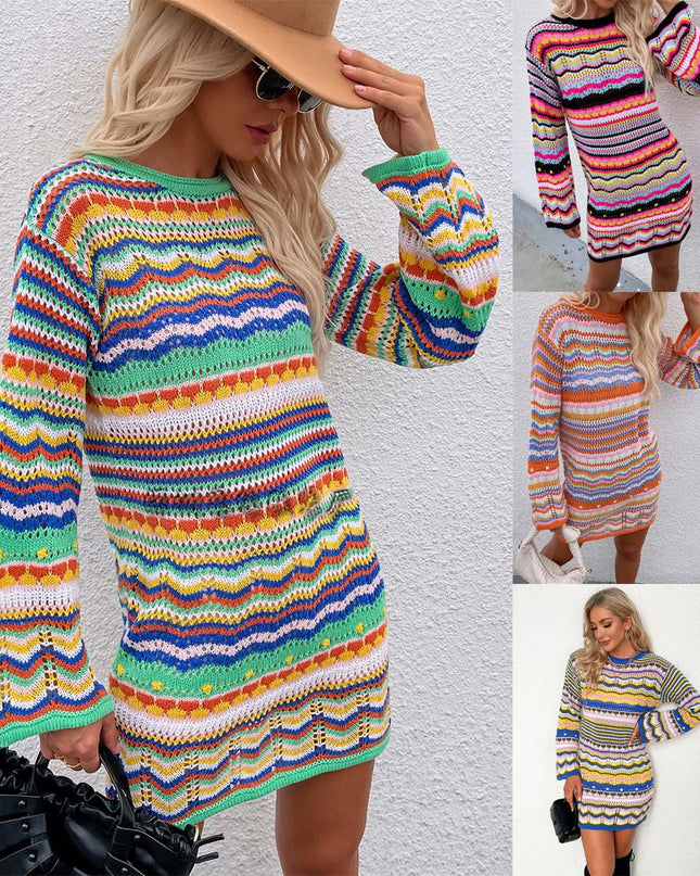 Women's Knitted Sweater Women's Rainbow Stripe Pullover Mid Length