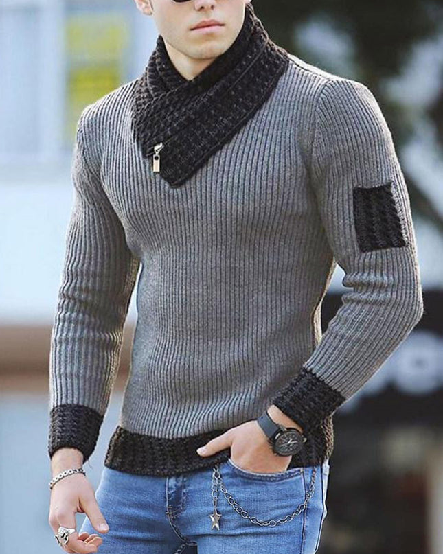 Independent Station Casual Slim Knit Pullover Long-sleeved Scarf Collar Sweater Men's