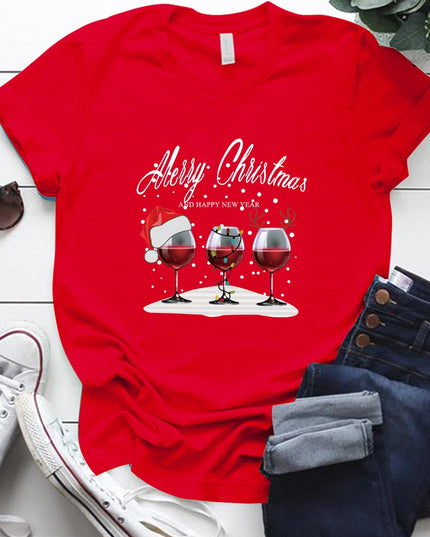 Christmas Three Wine Glasses Print Short Sleeve