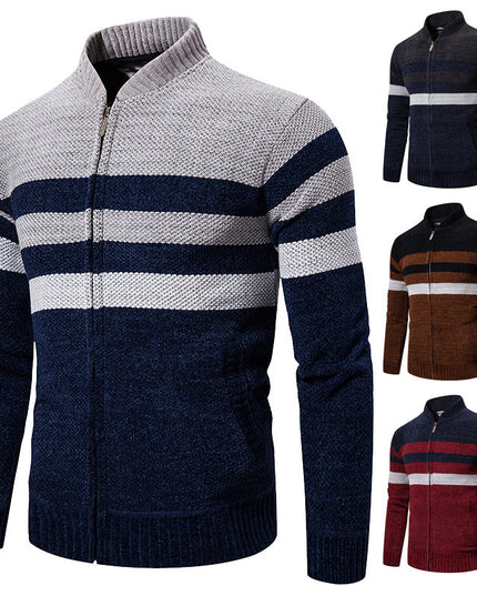 Casual Sweater Men Stand Collar Striped Color Matching Long Sleeves