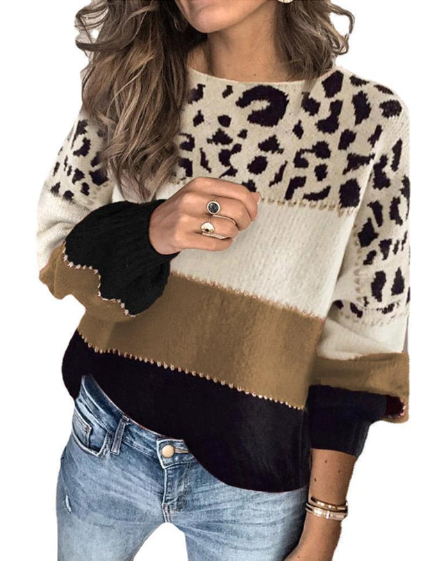 Contrasting Color Sweater Women Loose Round Neck Bottoming Sweater