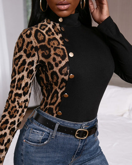 Leopard Print Paneled High Neck Long Sleeve Knitted T Shirt With Embellished Buttons