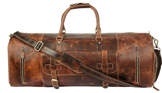 Retro Crazy Horse Leather Men's Travel Bag - Fast 7 Days Delivery for COLOR BROWN 22/28/30 Inches