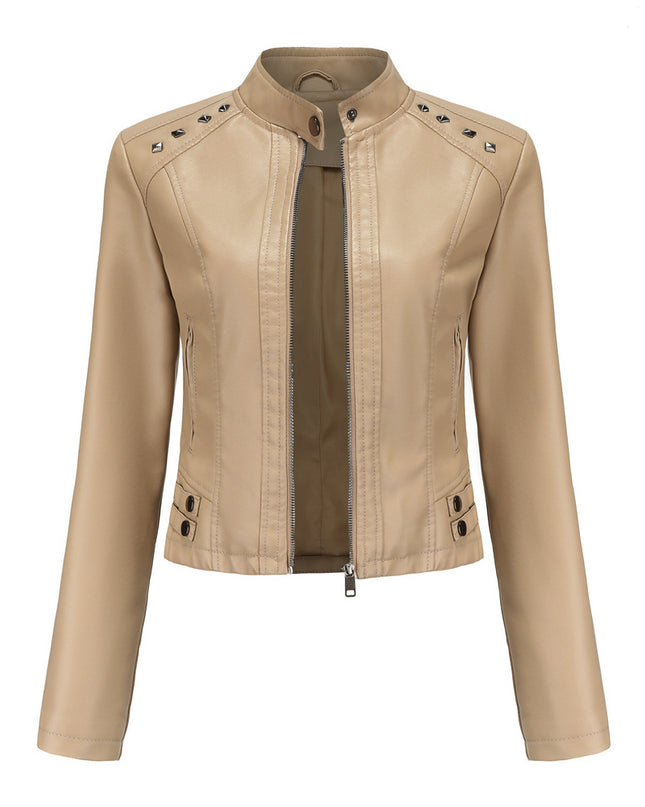 Studded Leather Women Short Jacket Long Sleeves