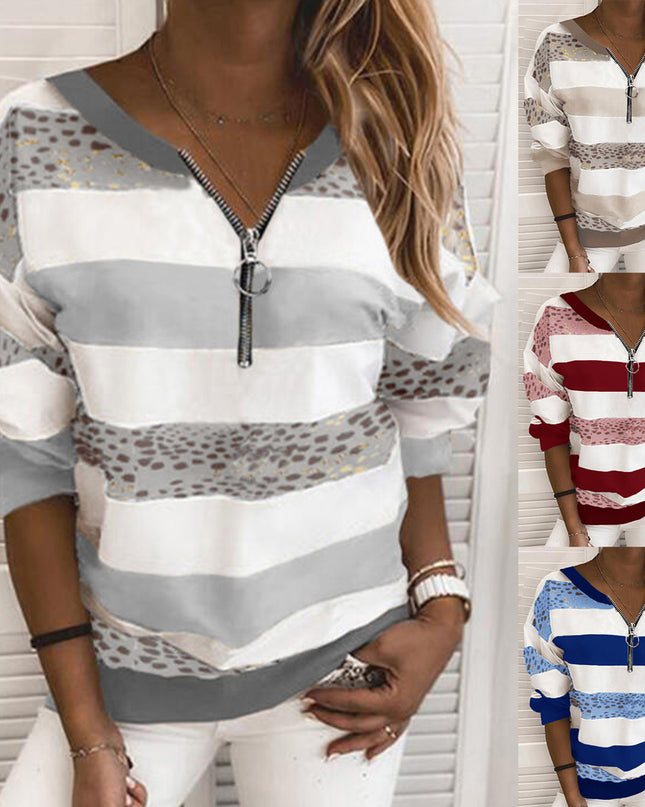 College Style Casual Striped Printed Pullover Loose Zipper Sweater
