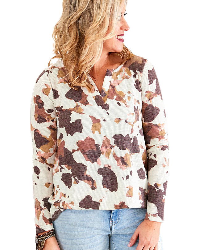 Cow Pattern Half Cardigan Long Sleeved Casual Loose Padded Blouse Women