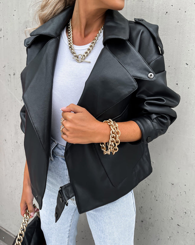 Women PU Leather Top Coat Jacket Loose
