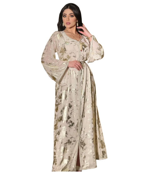 Muslim Bronzing Robe Women's Two Piece Belted Dress