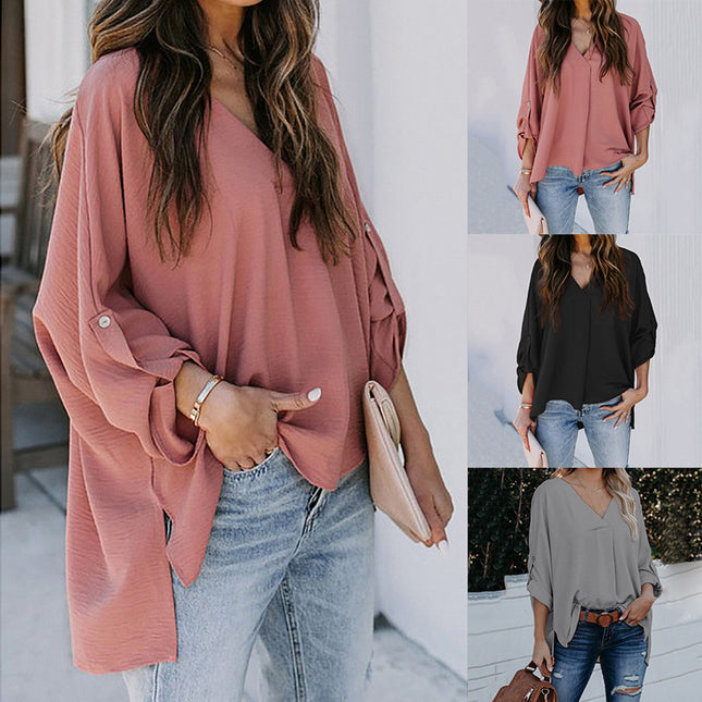 Fashion Solid Color V-Neck Long-Sleeved Casual Loose Shirt Women