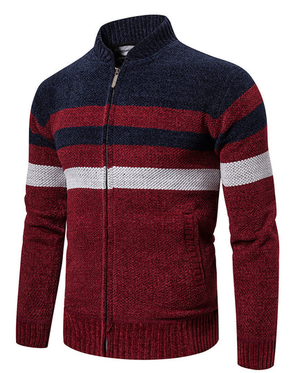 Casual Sweater Men Stand Collar Striped Color Matching Long Sleeves